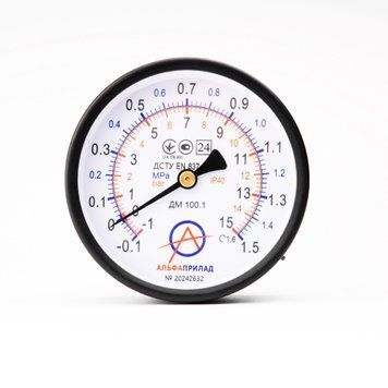 Мановакуумметр ДМ 100.1, -0,1...1,5 МПа (-1...15 бар), 1,6 к.т., IP40, М20х1,5, Осевое НФ-00003200 фото
