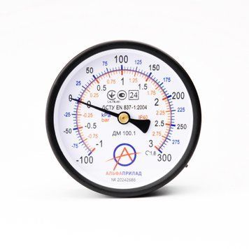 Мановакуумметр ДМ 100.1, -100...300 кПа (-1...3 бар), 1,6 к.т., IP40, М20х1,5, Осевое НФ-00003187 фото