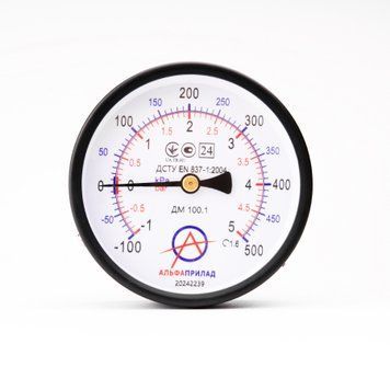 Мановакуумметр ДМ 100.1, -100...500 кПа (-1...5 бар), 1,6 к.т., IP40, М20х1,5, Осевое НФ-00003188 фото