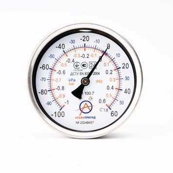 Мановакуумметр осевой нержавеющий ДМ 100.7, -100..60 кПа (-1...0,6 бар), 1,6 к.т., IP65, G1/2 с Глицерином НФ-00002448 фото