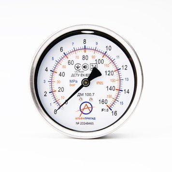 Манометр осевой нержавеющий ДМ 100.7, 16 МПа (160 бар), 1,6 к.т., IP65, G1/2 с Глицерином НФ-00002476 фото