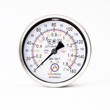 Манометр осевой нержавеющий ДМ 100.7, 160 кПа (1,6 бар), 1,6 к.т., IP65, G1/2 с Глицерином НФ-00002461 фото